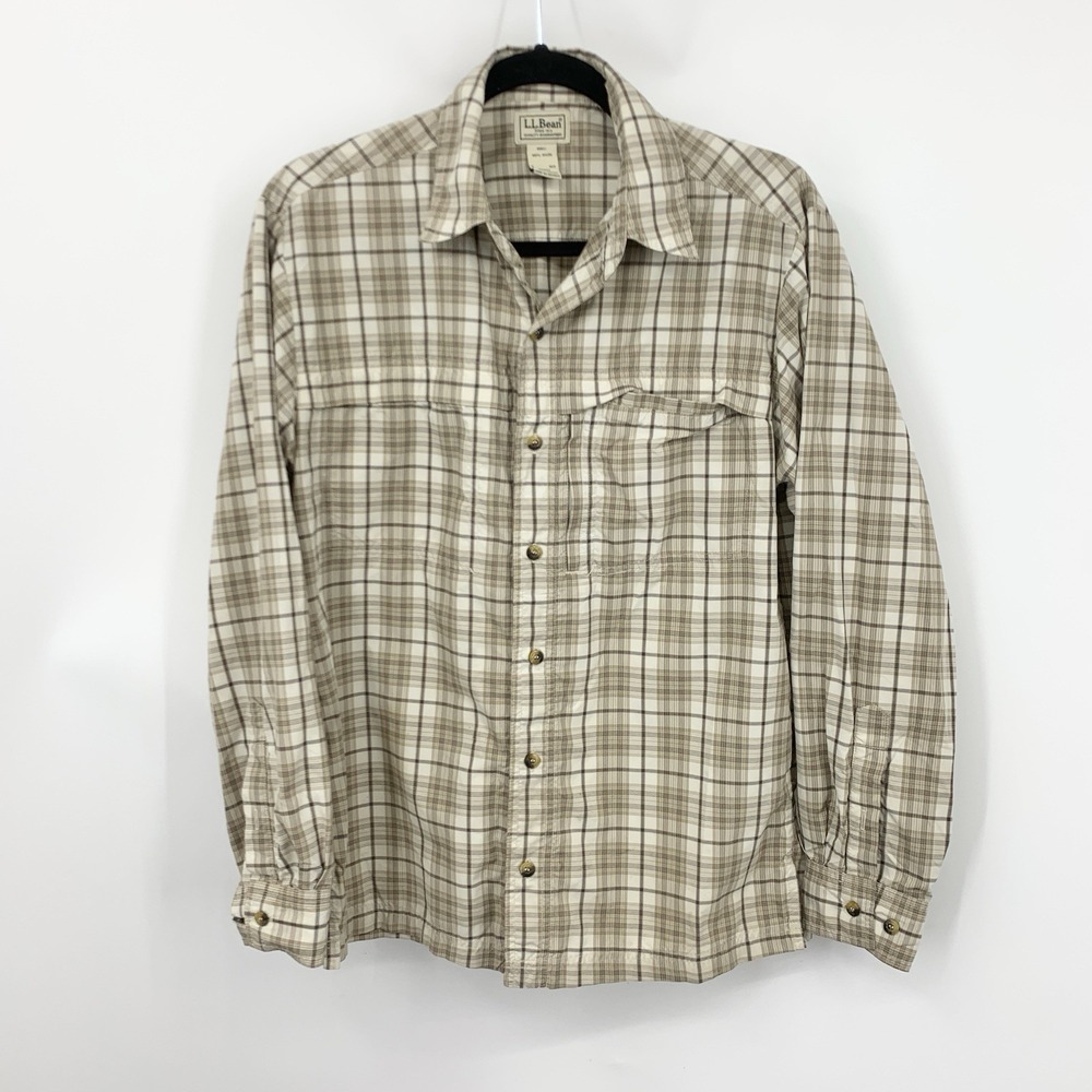 LL Bean Menā Size Small Shirt Brown White Plaid Long Sleeve Top Nylon Quick Dry